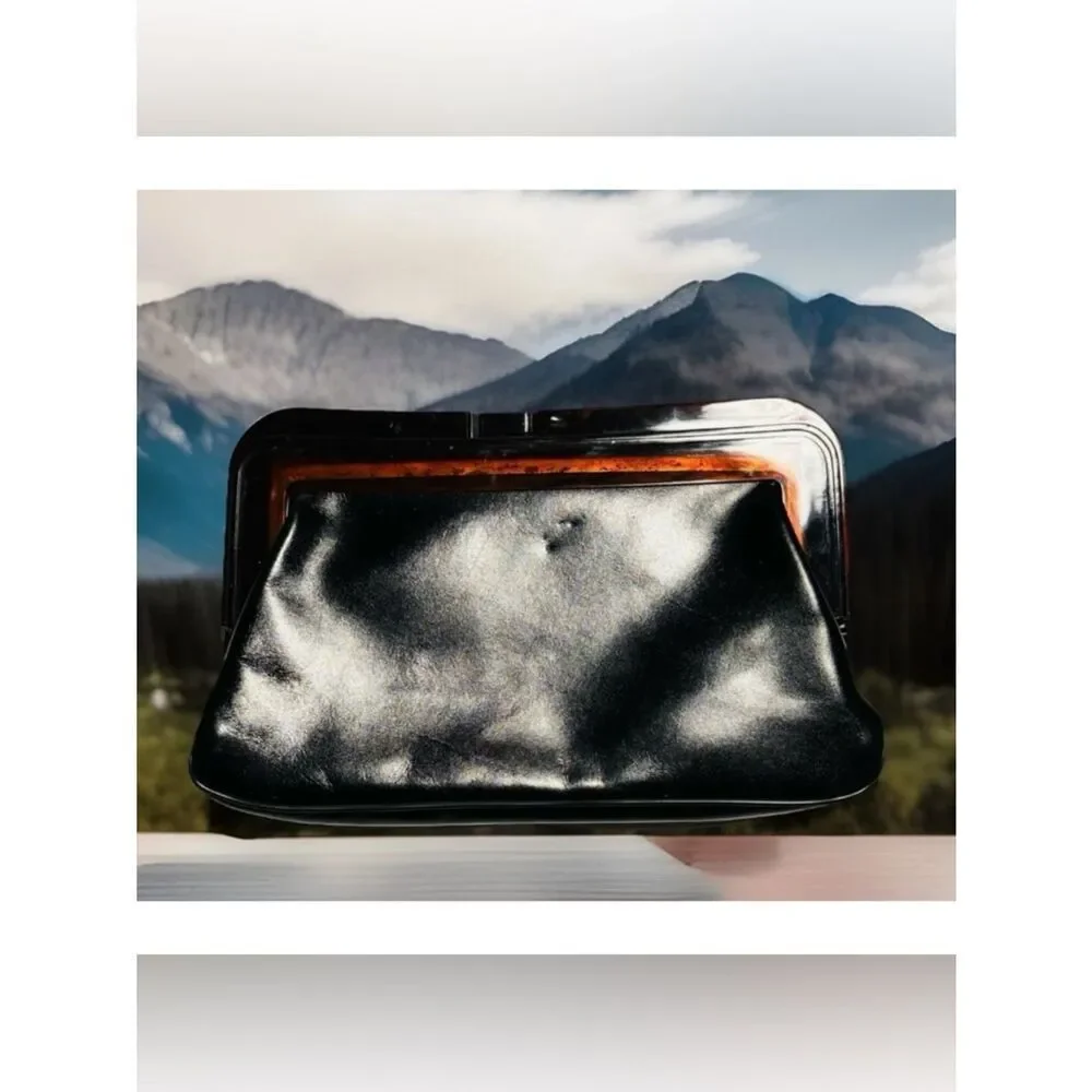 Vintage 70’s Margolm Patent Leather Clutch with Tortoiseshell Frame ~ Black